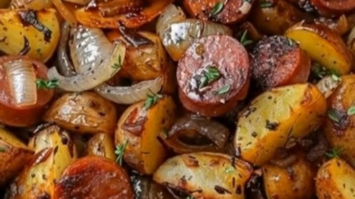 A rustic cast-iron skillet filled with crispy golden potato wedges, seared smoked sausage rounds, and caramelized onions