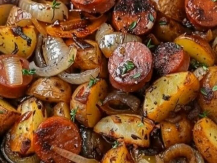 A rustic cast-iron skillet filled with crispy golden potato wedges, seared smoked sausage rounds, and caramelized onions