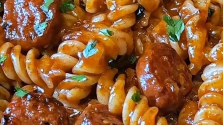 A rustic cast iron skillet filled with creamy Cajun sausage pasta, garnished with fresh parsley.