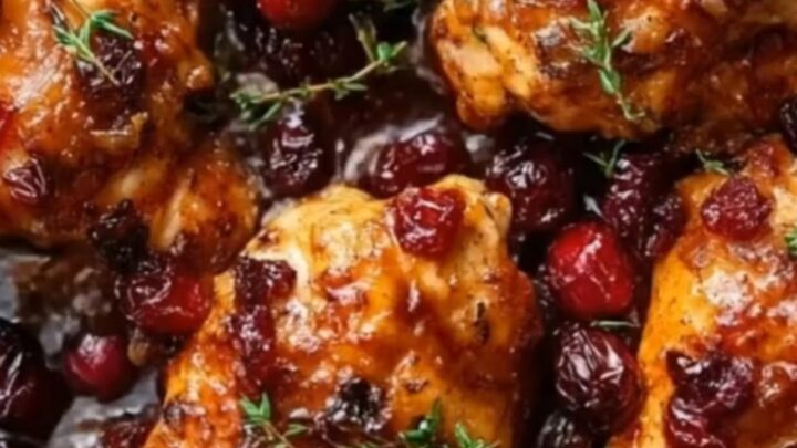 A cast-iron skillet filled with golden-brown chicken thighs coated in a glossy, deep red cranberry orange glaze.