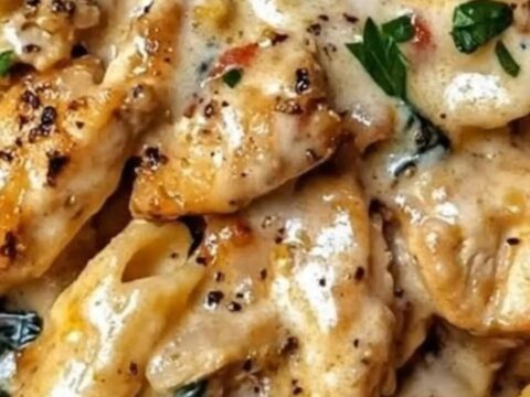 A plate of creamy garlic penne pasta with golden seared chicken and wilted spinach, garnished with fresh parsley.