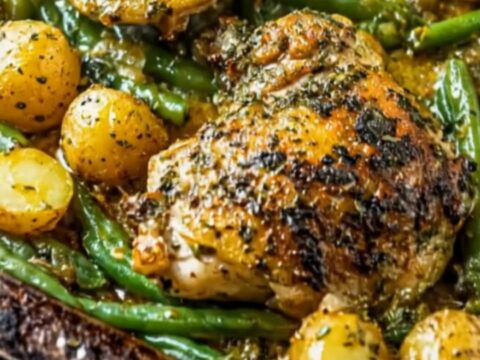 A roasted sheet pan filled with golden chicken thighs, crispy baby potatoes, and tender green beans.