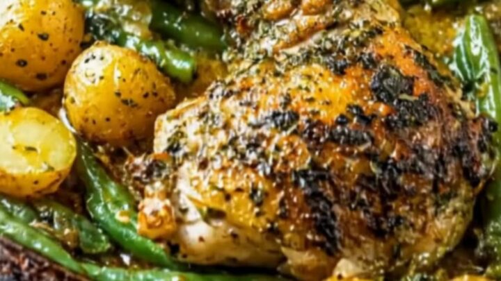 A roasted sheet pan filled with golden chicken thighs, crispy baby potatoes, and tender green beans.