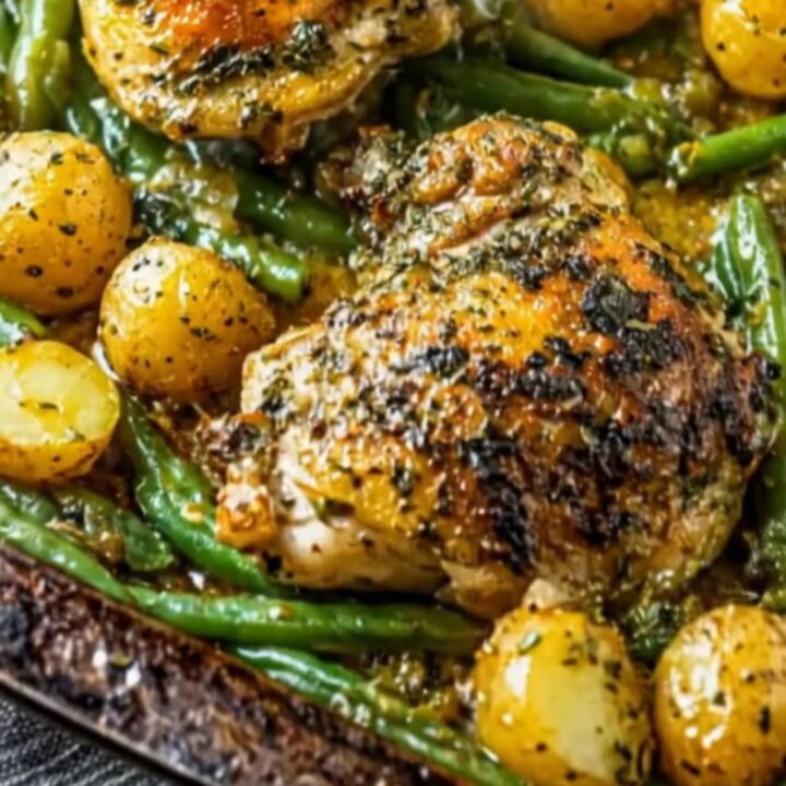 A roasted sheet pan filled with golden chicken thighs, crispy baby potatoes, and tender green beans.
