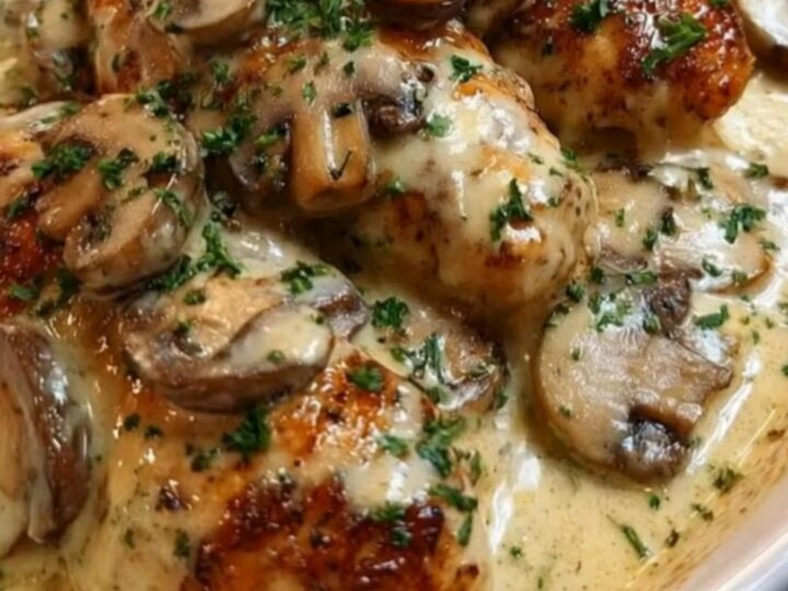 A white oval dish containing juicy seared chicken tenders smothered in a velvety garlic mushroom cream sauce and garnished