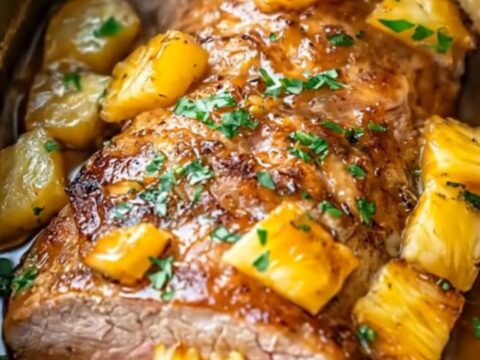 A beautifully glazed, sliced pineapple pork roast served in an oval slow cooker surrounded by caramelized pineapple cubes.