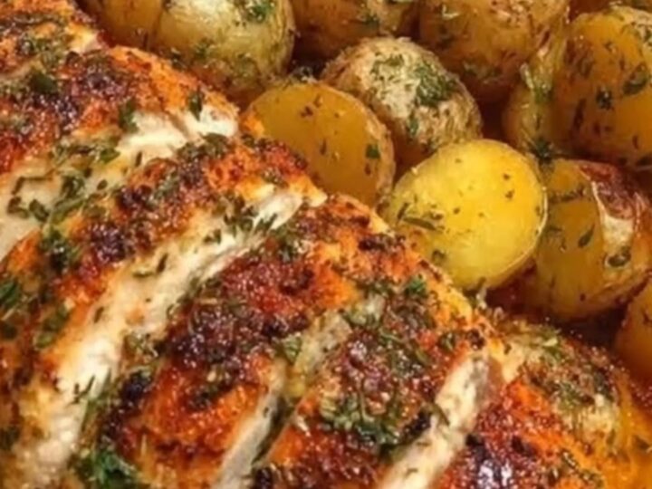 A glass baking pan filled with sliced herb-crusted chicken, golden roasted baby potatoes, and bright green beans.