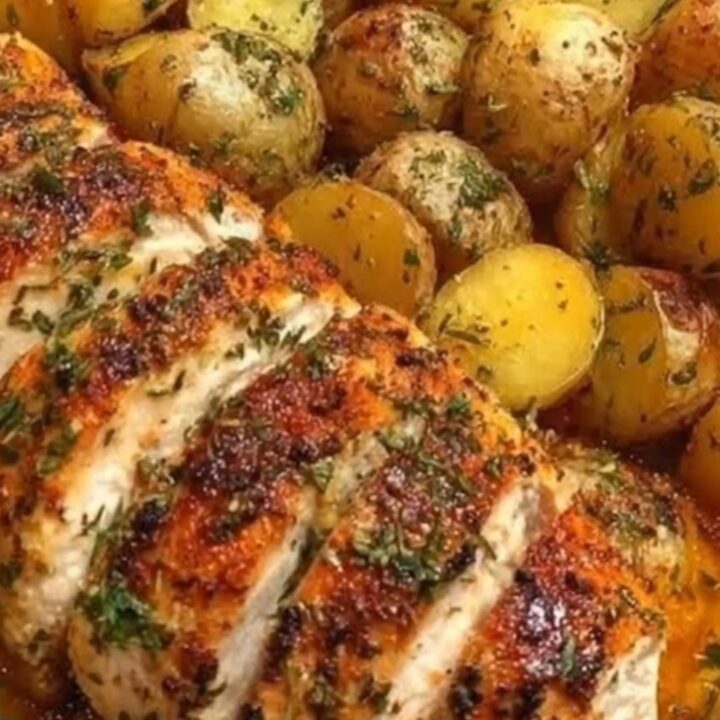 A glass baking pan filled with sliced herb-crusted chicken, golden roasted baby potatoes, and bright green beans.