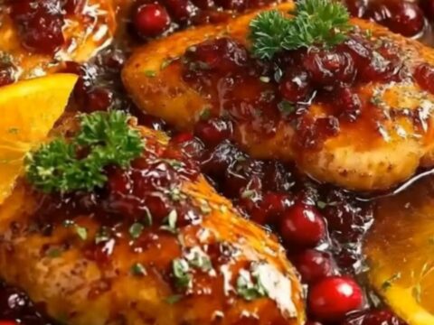 A rustic cast-iron skillet filled with golden seared chicken breasts smothered in a glossy, ruby-red cranberry orange glaze