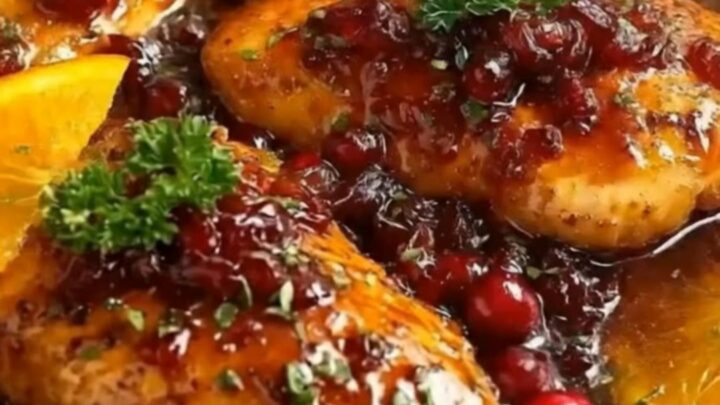 A rustic cast-iron skillet filled with golden seared chicken breasts smothered in a glossy, ruby-red cranberry orange glaze