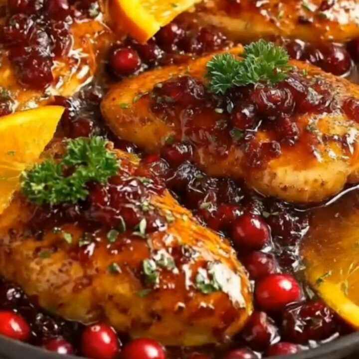 A rustic cast-iron skillet filled with golden seared chicken breasts smothered in a glossy, ruby-red cranberry orange glaze