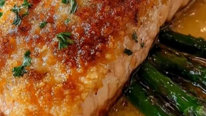 A golden-brown parmesan crusted salmon fillet served with glossy asparagus and lemon butter sauce on a white plate