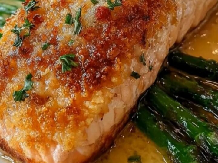 A golden-brown parmesan crusted salmon fillet served with glossy asparagus and lemon butter sauce on a white plate