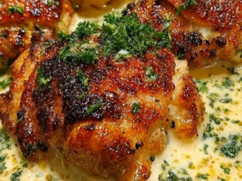 A black cast-iron skillet filled with golden seared chicken thighs simmering in a rich garlic parmesan cream sauce.
