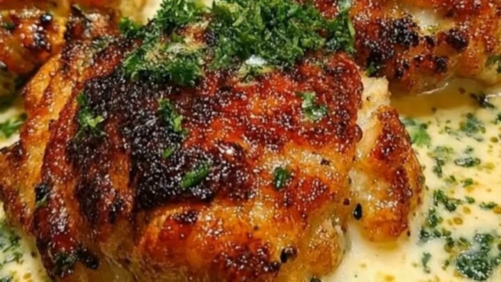 A black cast-iron skillet filled with golden seared chicken thighs simmering in a rich garlic parmesan cream sauce.