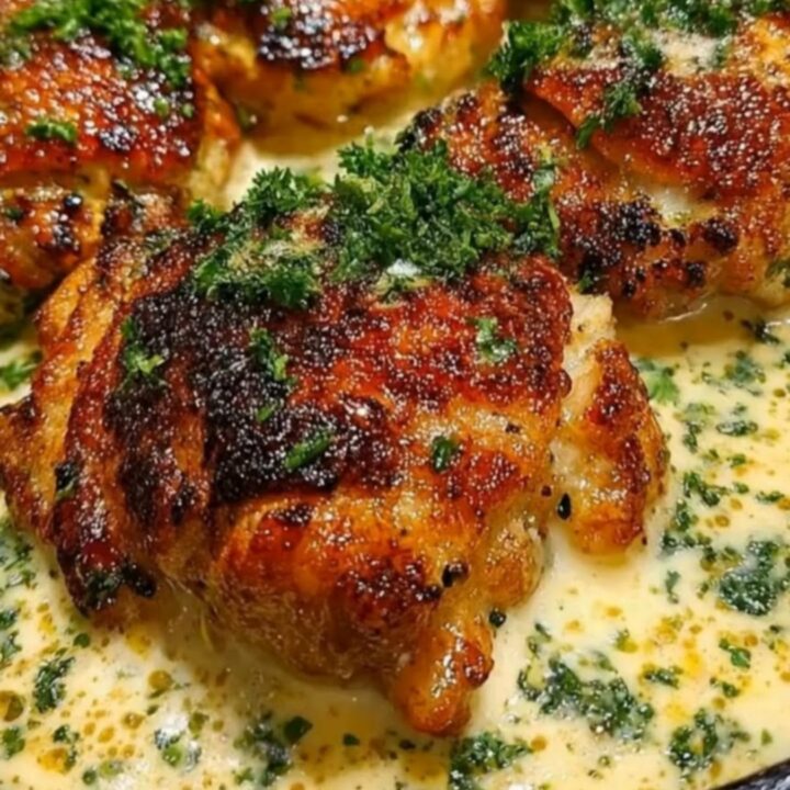 A black cast-iron skillet filled with golden seared chicken thighs simmering in a rich garlic parmesan cream sauce.