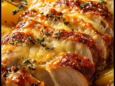 Sliced roasted pork tenderloin medallions and baby potatoes in a bubbling creamy garlic herb sauce.