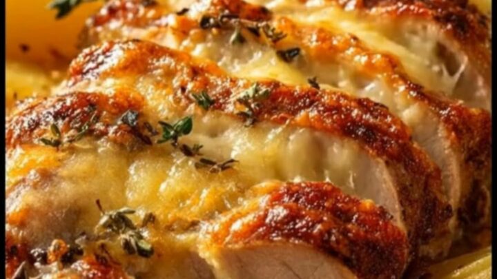 Sliced roasted pork tenderloin medallions and baby potatoes in a bubbling creamy garlic herb sauce.