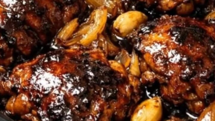 Tender, caramelized glazed chicken thighs resting with onions and garlic in a black slow cooker