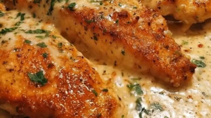 A golden-seared chicken breast resting in a bubbling, speckled garlic cream sauce in a cast-iron skillet