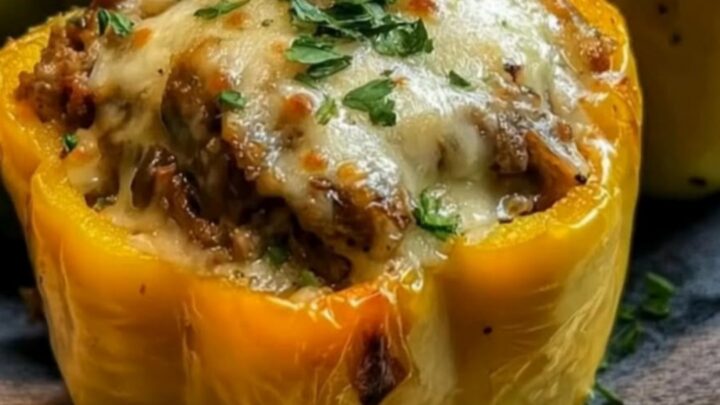 Three roasted yellow, green, and red bell peppers stuffed with juicy beef and topped with bubbly melted cheese.