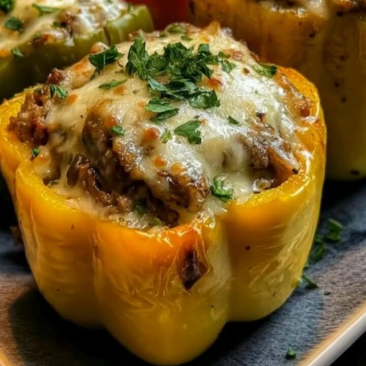Three roasted yellow, green, and red bell peppers stuffed with juicy beef and topped with bubbly melted cheese.