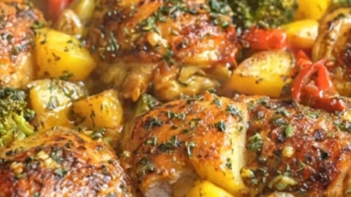 A round glass baking dish filled with roasted garlic herb chicken thighs, golden potatoes, and charred broccoli.