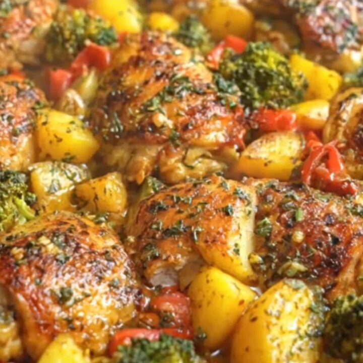 A round glass baking dish filled with roasted garlic herb chicken thighs, golden potatoes, and charred broccoli.