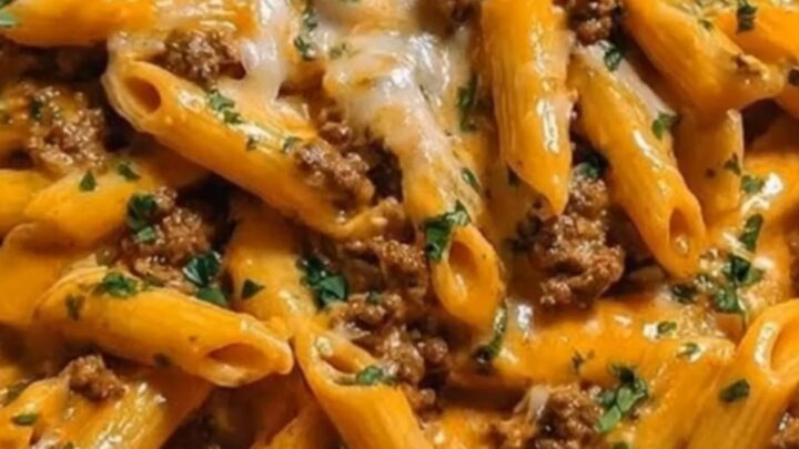 A stainless steel skillet filled with creamy orange penne pasta, browned ground beef, melted cheddar cheese