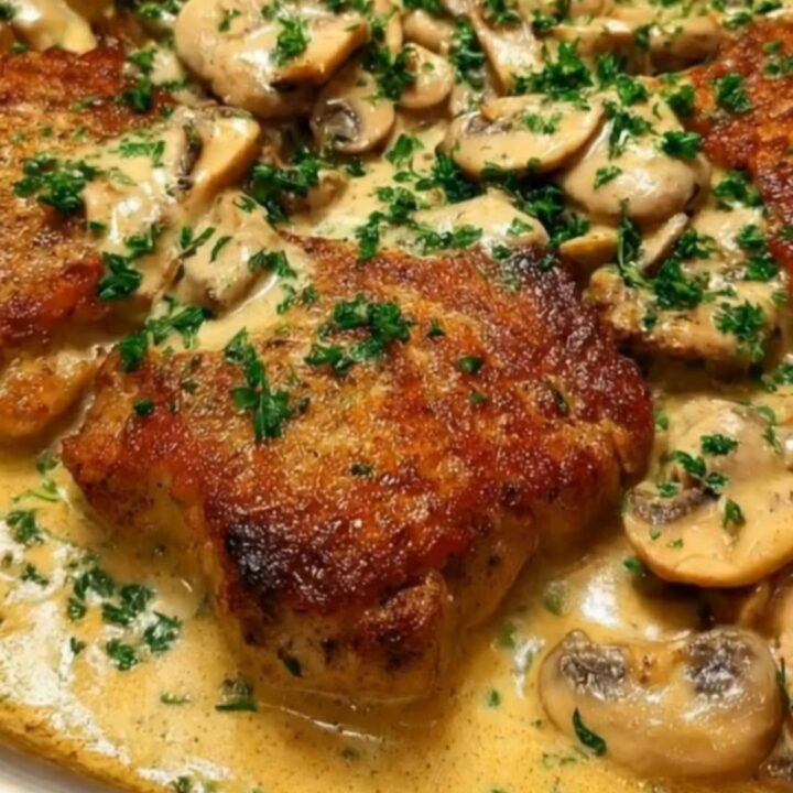 Golden-seared chicken cutlets nestled in a bubbling cream sauce with sliced mushrooms and fresh parsley inside a stainless