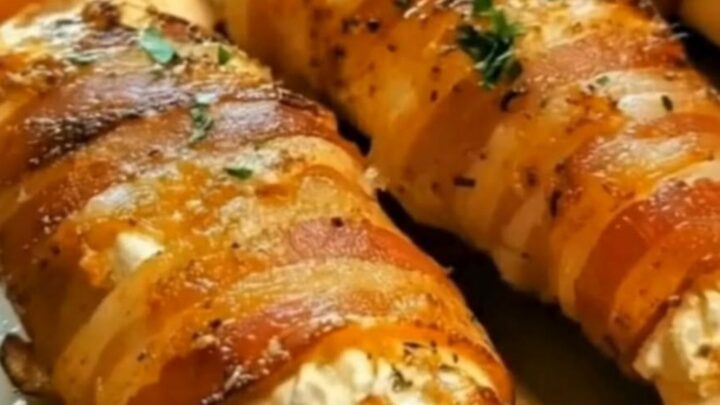 Slices of golden, crispy bacon-wrapped chicken breast revealing a steaming, molten cream cheese filling.