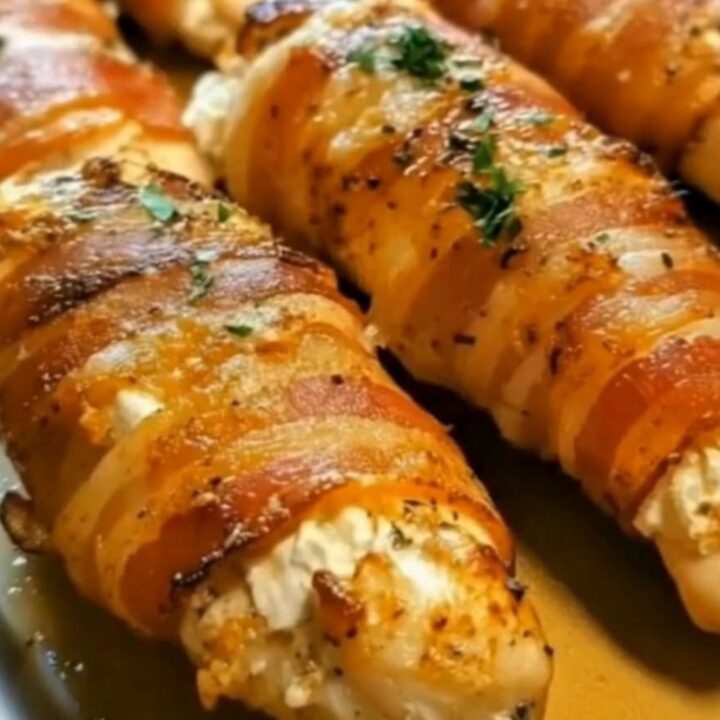 Slices of golden, crispy bacon-wrapped chicken breast revealing a steaming, molten cream cheese filling.