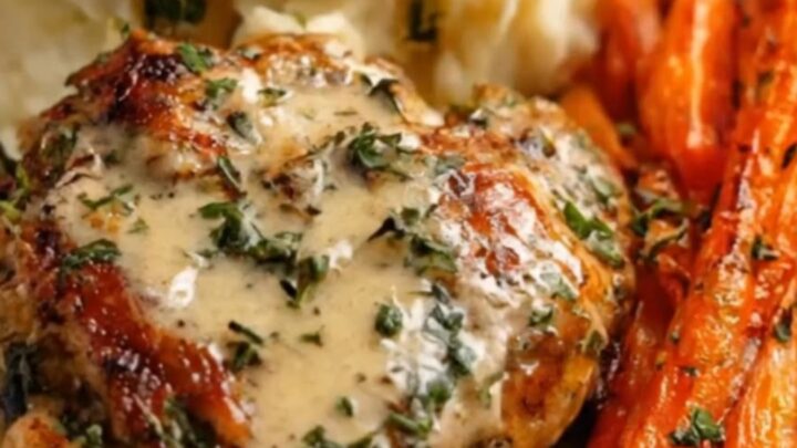 A plated dinner of golden-seared chicken cutlets smothered in creamy herb sauce with mashed potatoes and roasted carrots.