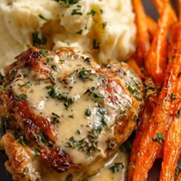 A plated dinner of golden-seared chicken cutlets smothered in creamy herb sauce with mashed potatoes and roasted carrots.