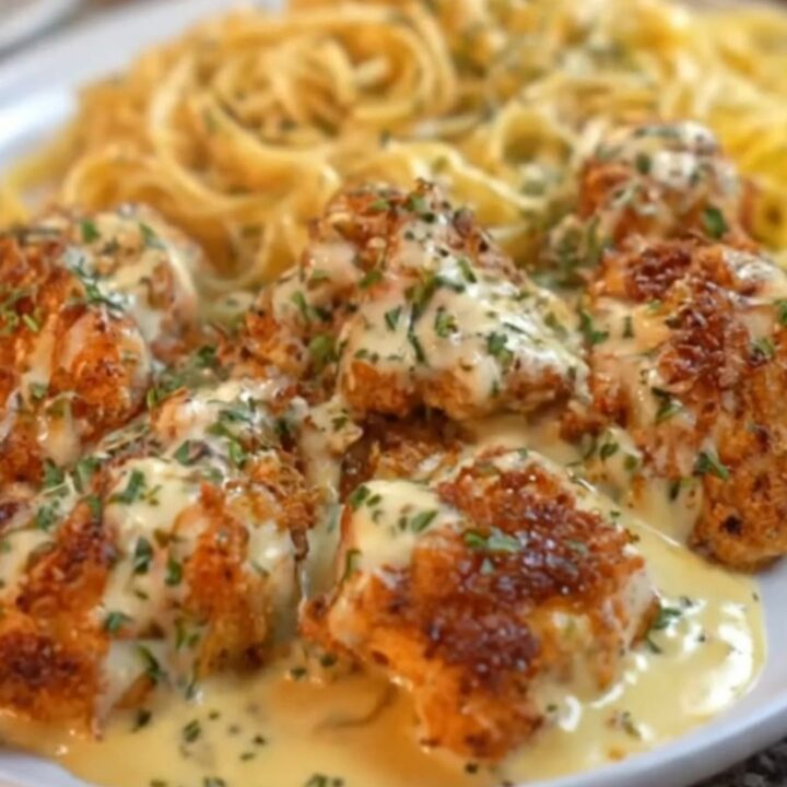 Crispy garlic butter chicken bites drizzled with creamy parmesan sauce next to steaming fettuccine pasta on a white plate