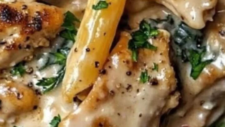 A close-up shot of a fork lifting creamy penne pasta and golden seared chicken with rich sauce dripping down.