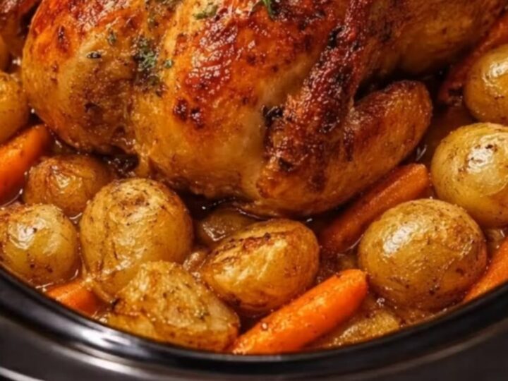 A whole roasted chicken surrounded by glazed baby potatoes and carrots in a black oval slow cooker