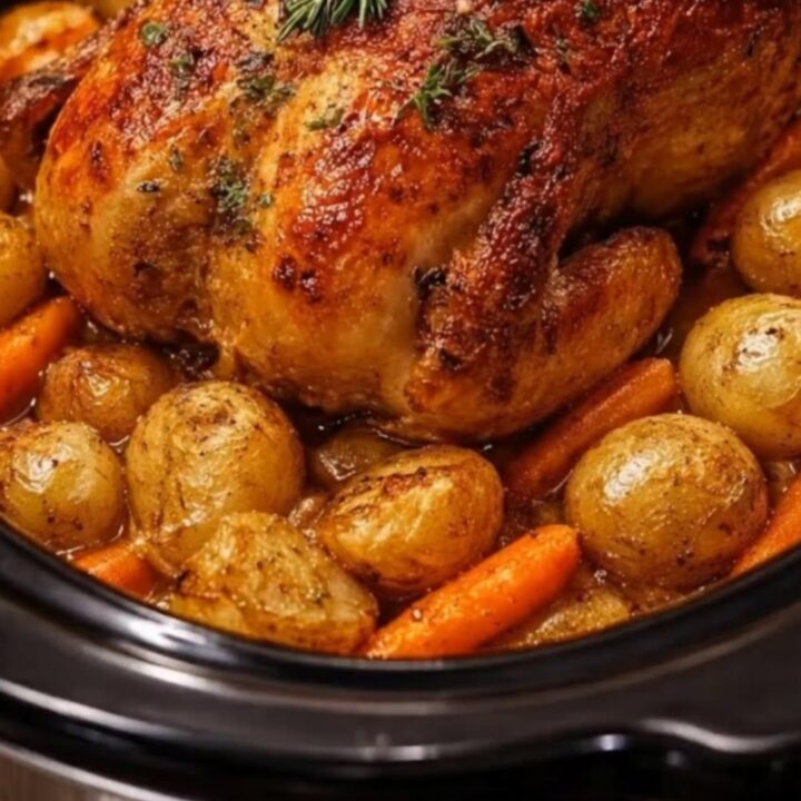 A whole roasted chicken surrounded by glazed baby potatoes and carrots in a black oval slow cooker
