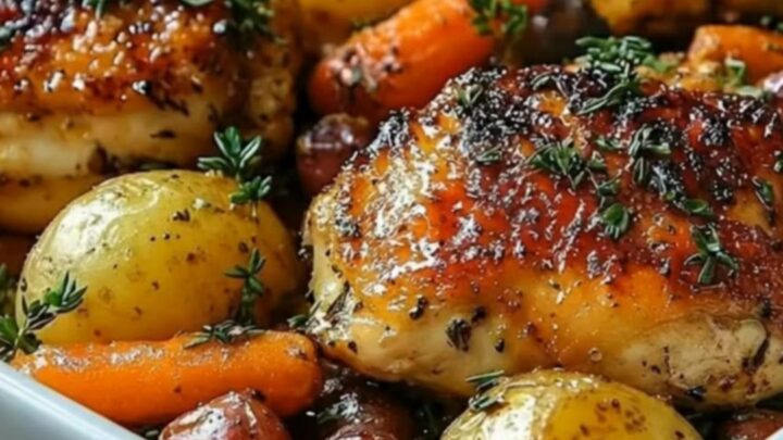 A white baking dish filled with golden-brown, crispy herb-roasted chicken thighs, tender baby potatoes, and carrots.