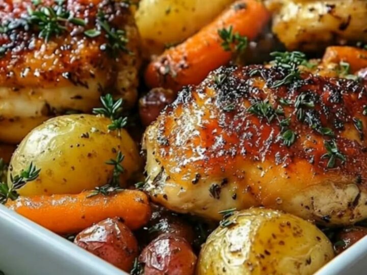 A white baking dish filled with golden-brown, crispy herb-roasted chicken thighs, tender baby potatoes, and carrots.