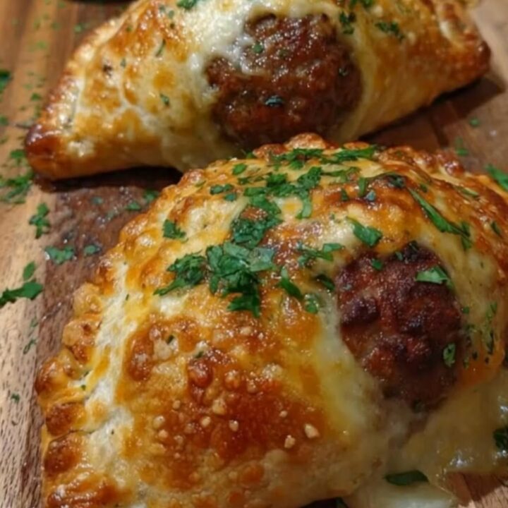 Four golden-brown, flaky puff pastry pockets lined up on a rustic wooden serving board with parsley sprinkles.