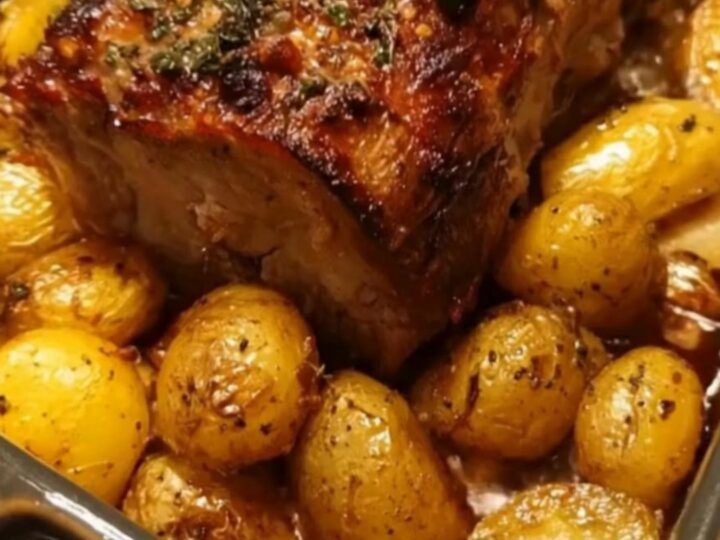A beautifully browned, herb-crusted roasted pork loin sliced on a platter surrounded by golden roasted potatoes.
