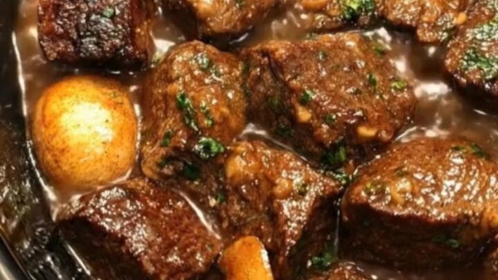A black oval crock pot filled with glossy slow-cooked beef tips and tender mushrooms in rich brown gravy.
