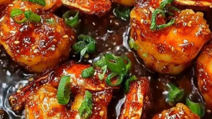 A cast-iron skillet filled with glossy, caramelized honey garlic shrimp garnished with sliced green onions.