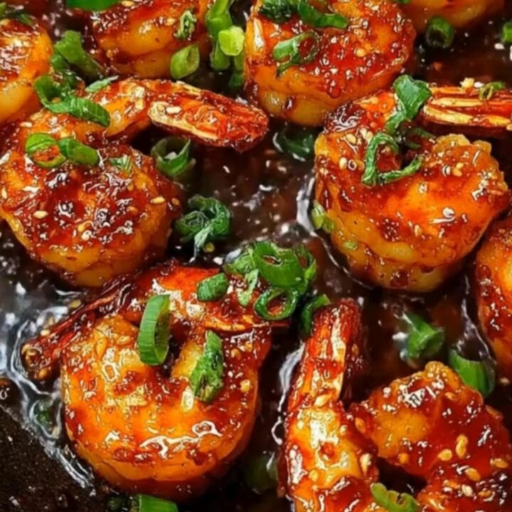 A cast-iron skillet filled with glossy, caramelized honey garlic shrimp garnished with sliced green onions.