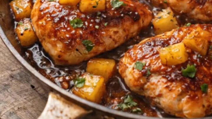 A rustic skillet filled with sticky, glazed chicken thighs and sweet pineapple chunks, garnished with fresh herbs.