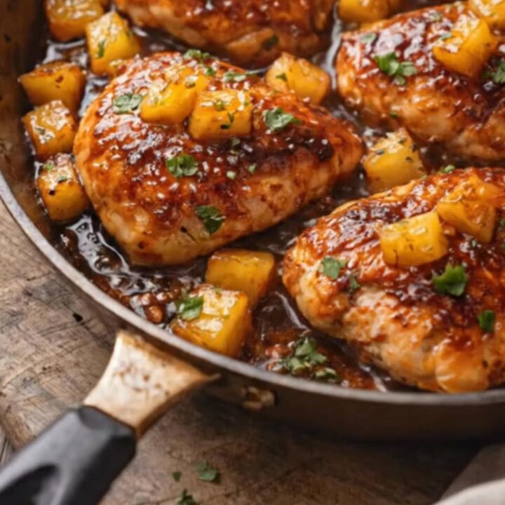 A rustic skillet filled with sticky, glazed chicken thighs and sweet pineapple chunks, garnished with fresh herbs.