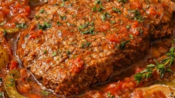 Tender Swiss steak portion served inside a black slow cooker surrounded by green peppers and baby yellow potatoes