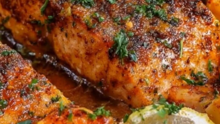 A close-up shot of a baking sheet featuring seasoned salmon fillets, plump shrimp, lemon slices, and fresh parsley.