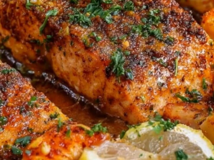 A close-up shot of a baking sheet featuring seasoned salmon fillets, plump shrimp, lemon slices, and fresh parsley.